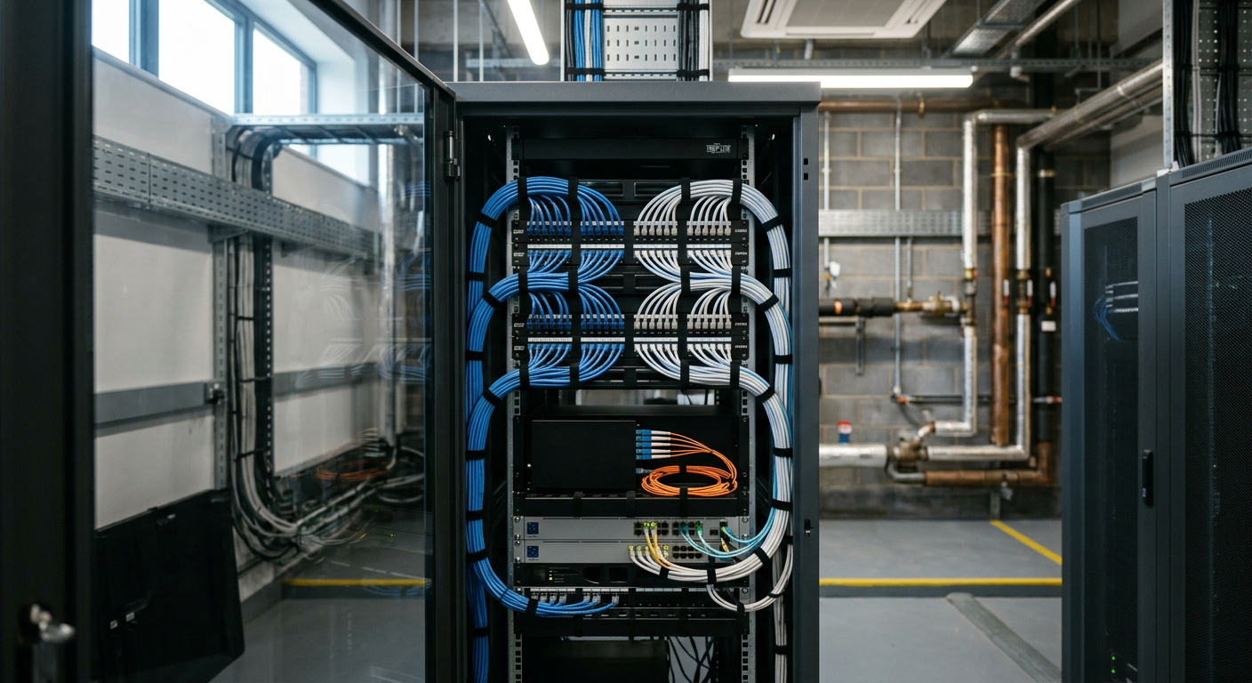 A neatly dressed network comms cabinet with Cat6 and fibre
