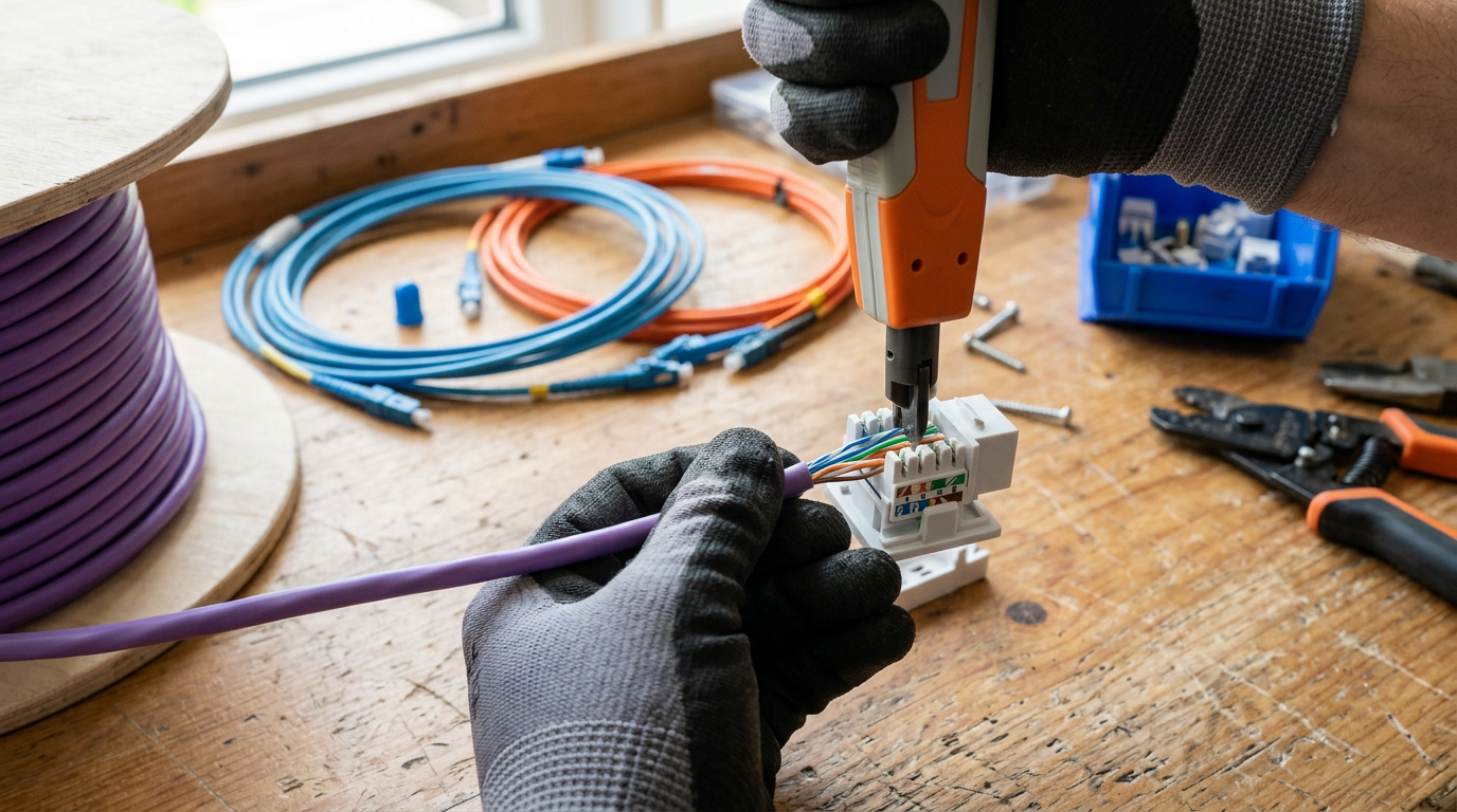 An installer terminating Cat6 into a keystone module